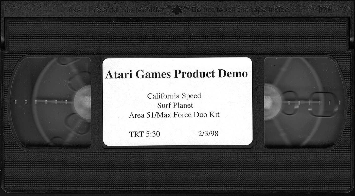 Atari Games Product Demo tape label listing California Speed, Surf Planet, and the Area 51/Max Force Duo Kit
