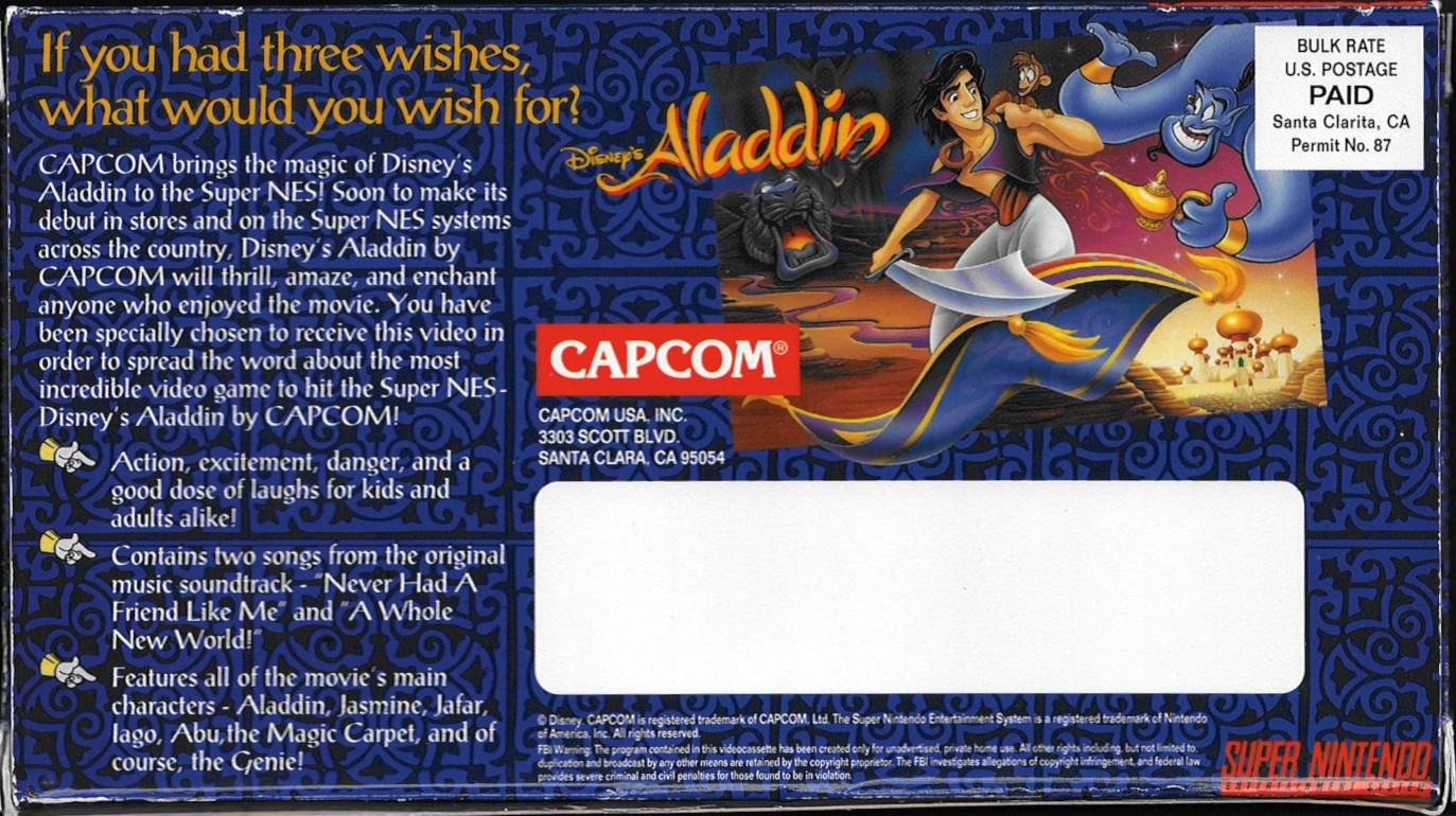 Capcom Aladdin mailer sleeve, back