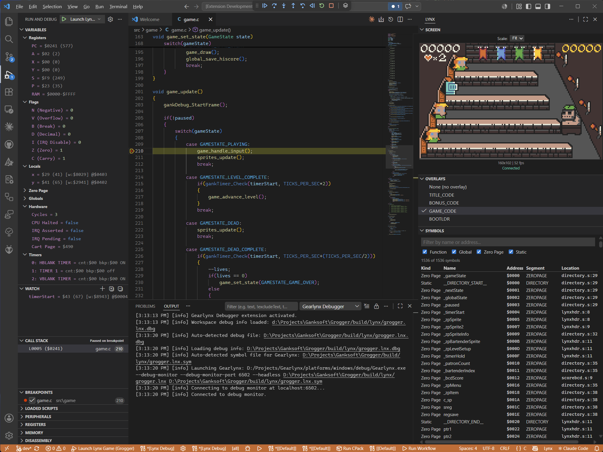Gearlynx Debugger debugging an Atari Lynx game in VSCode: live screen viewer, CPU registers, watch expressions, call stack, and a source breakpoint
